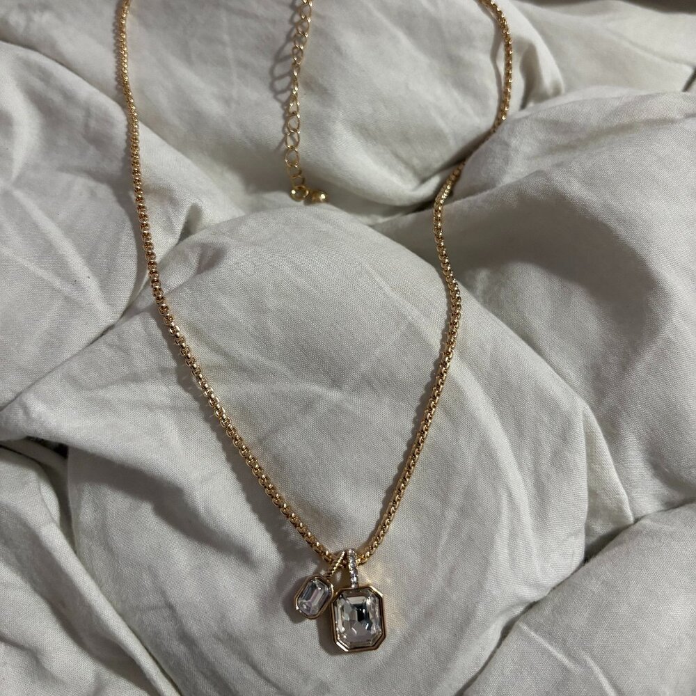 Free People Clear Jewel Birthstone Double Pendant Statement Necklace